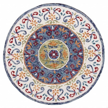Homeroots 4 ft. Round Blue & White Ornate Medallion Area Rug 396206
